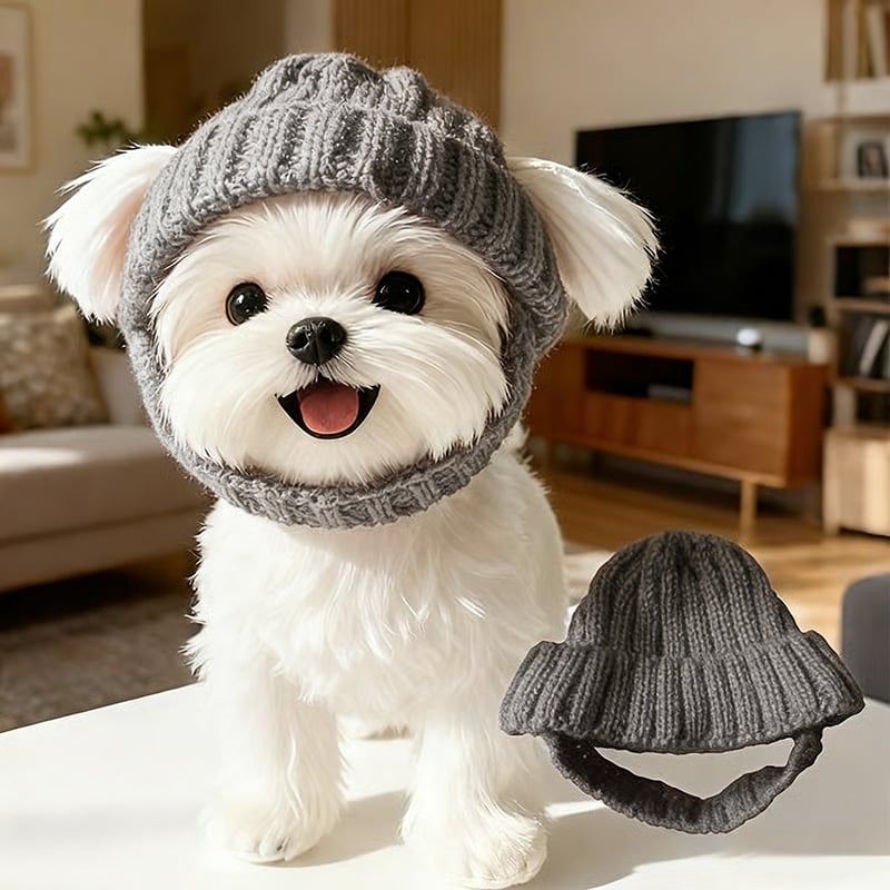 Red Wool Knit Dog Beanie with Ear Flaps – Warm Winter Pet Hat
