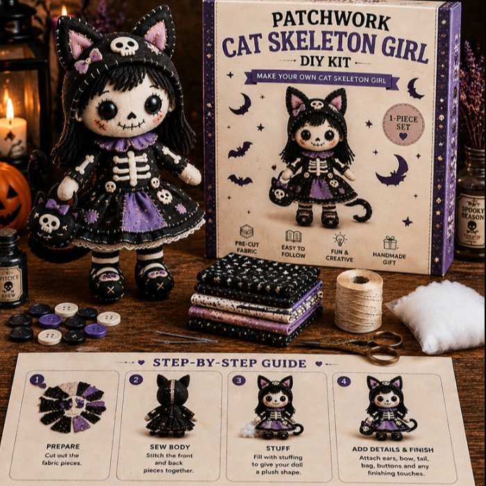 Finished spooky-cute handmade patchwork character