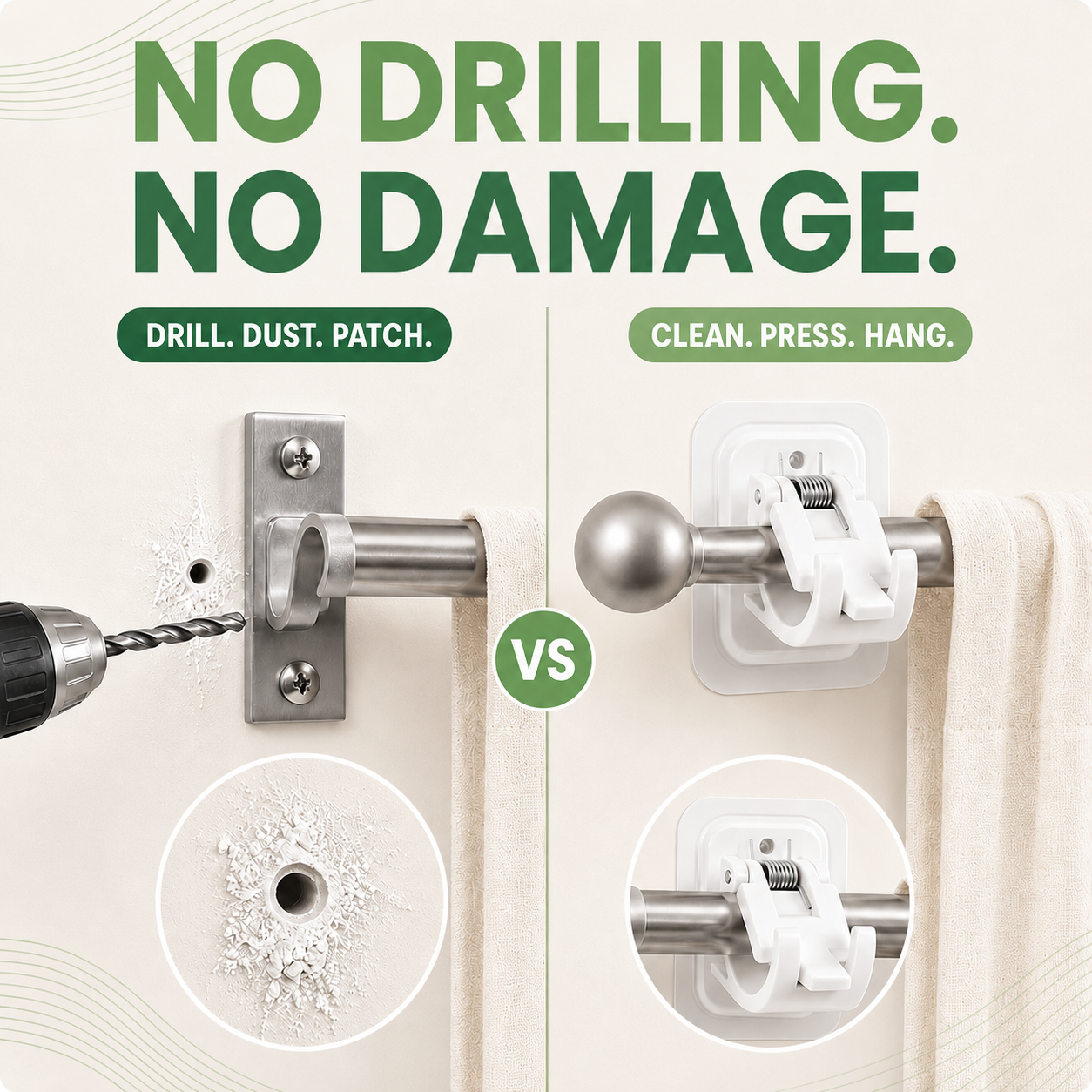 No-Drill Curtain Rod Brackets – No Tools, No Wall Damage