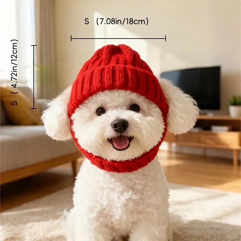 Red Wool Knit Dog Beanie with Ear Flaps – Warm Winter Pet Hat