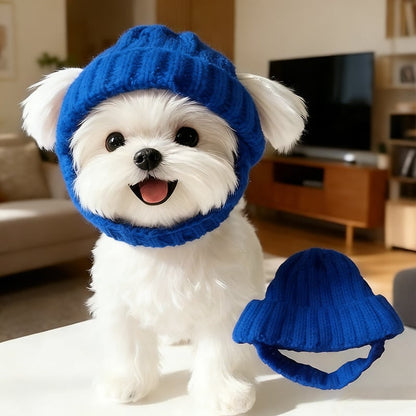 Red Wool Knit Dog Beanie with Ear Flaps – Warm Winter Pet Hat