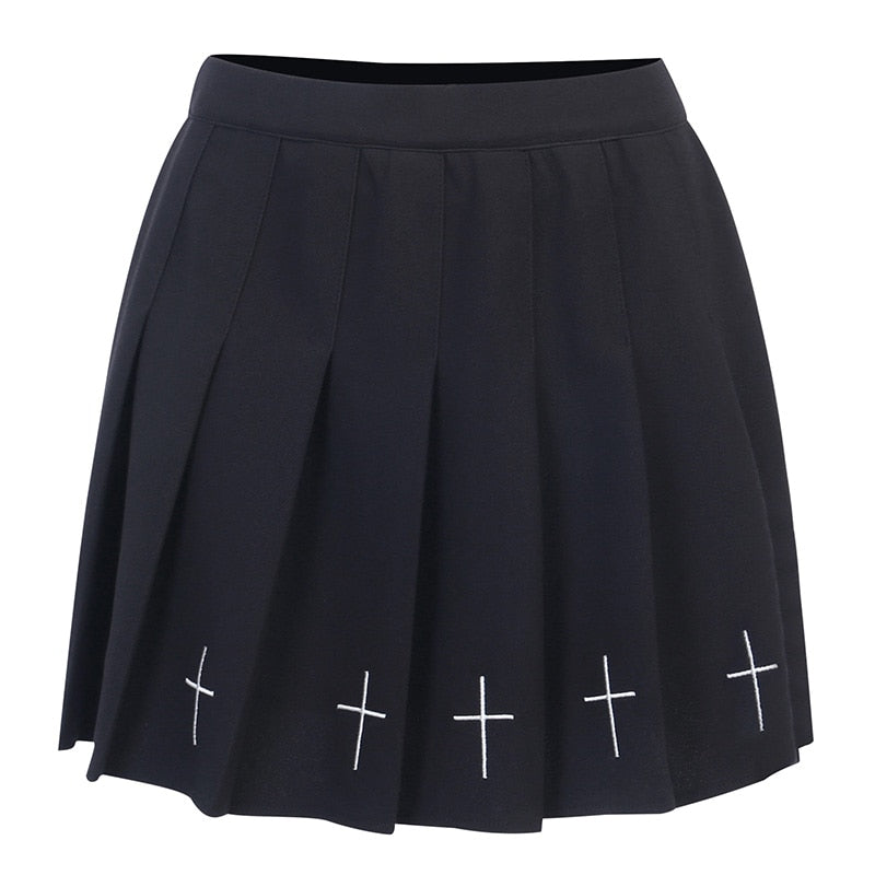 Heiße hohe Taille Mini schwarze Röcke Streetwear Cross Print Plissee Frauen Rock