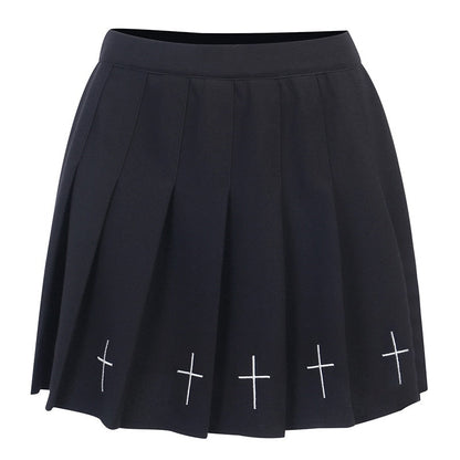 Heiße hohe Taille Mini schwarze Röcke Streetwear Cross Print Plissee Frauen Rock