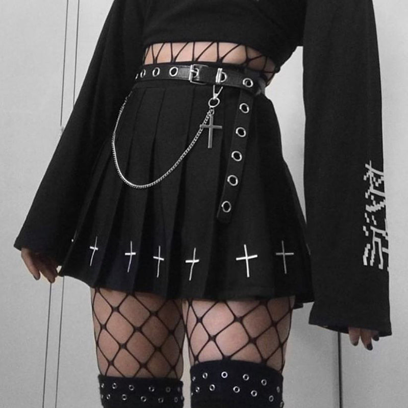 Heiße hohe Taille Mini schwarze Röcke Streetwear Cross Print Plissee Frauen Rock