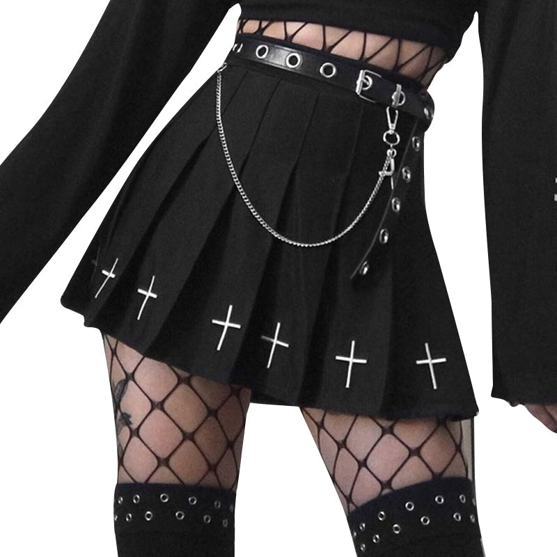Heiße hohe Taille Mini schwarze Röcke Streetwear Cross Print Plissee Frauen Rock