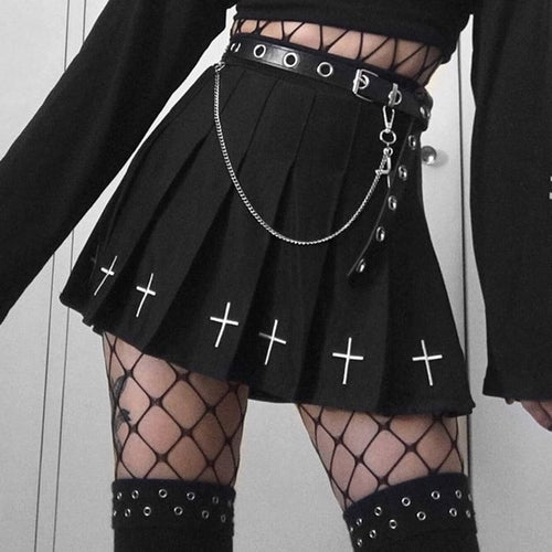 Heiße hohe Taille Mini schwarze Röcke Streetwear Cross Print Plissee Frauen Rock