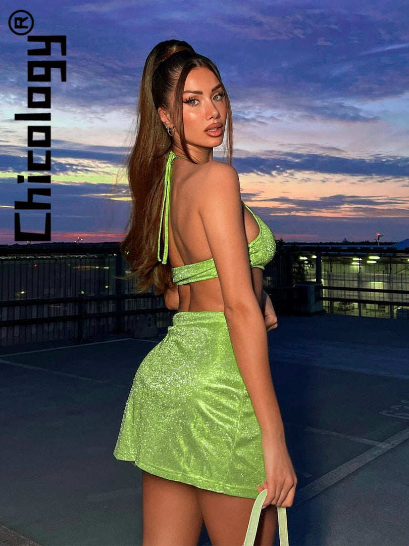 2022 Damen Neckholder-Minirock mit Schnürung, bauchfreies Top, geteilt