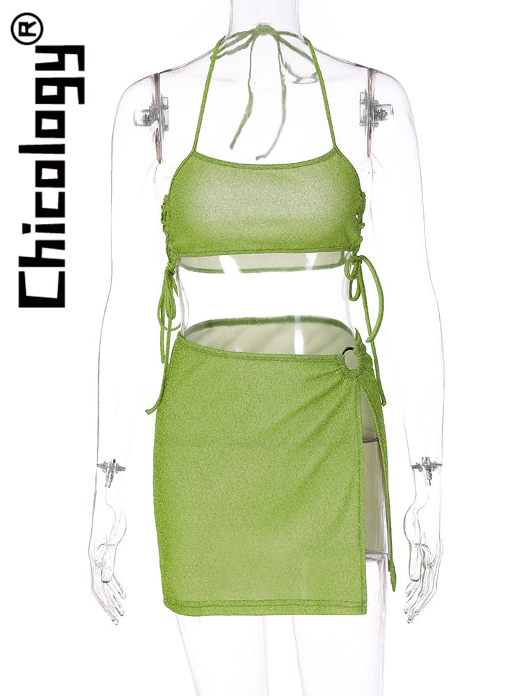 2022 Damen Neckholder-Minirock mit Schnürung, bauchfreies Top, geteilt