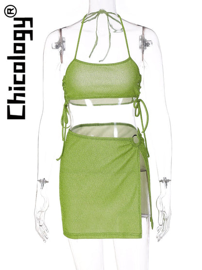 2022 Damen Neckholder-Minirock mit Schnürung, bauchfreies Top, geteilt