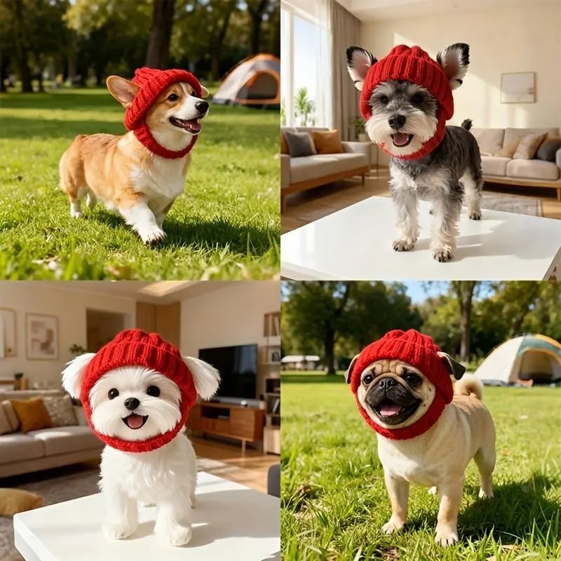 Red Wool Knit Dog Beanie with Ear Flaps – Warm Winter Pet Hat