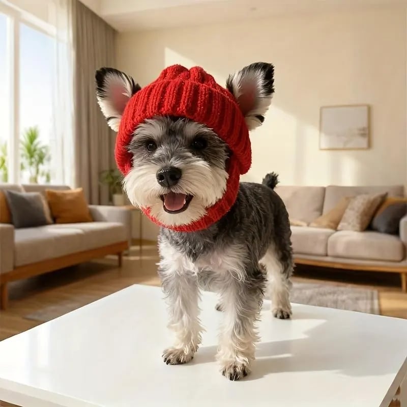 Red Wool Knit Dog Beanie with Ear Flaps – Warm Winter Pet Hat