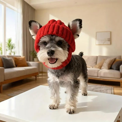 Red Wool Knit Dog Beanie with Ear Flaps – Warm Winter Pet Hat