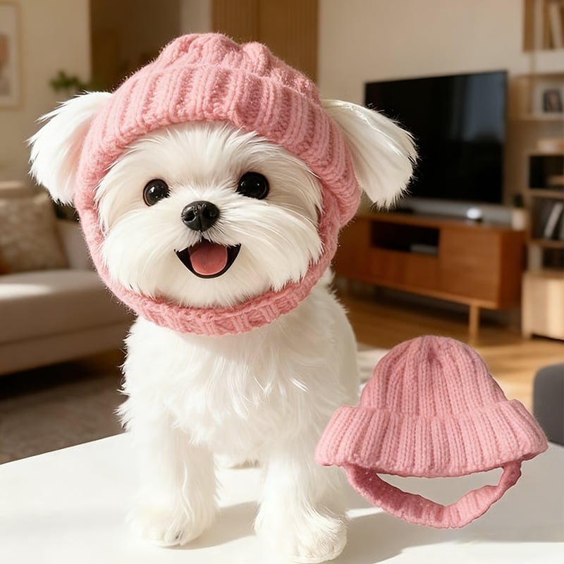 Red Wool Knit Dog Beanie with Ear Flaps – Warm Winter Pet Hat