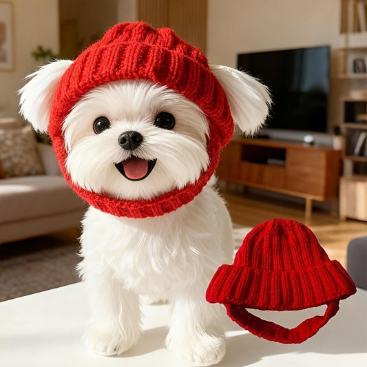 Red Wool Knit Dog Beanie with Ear Flaps – Warm Winter Pet Hat